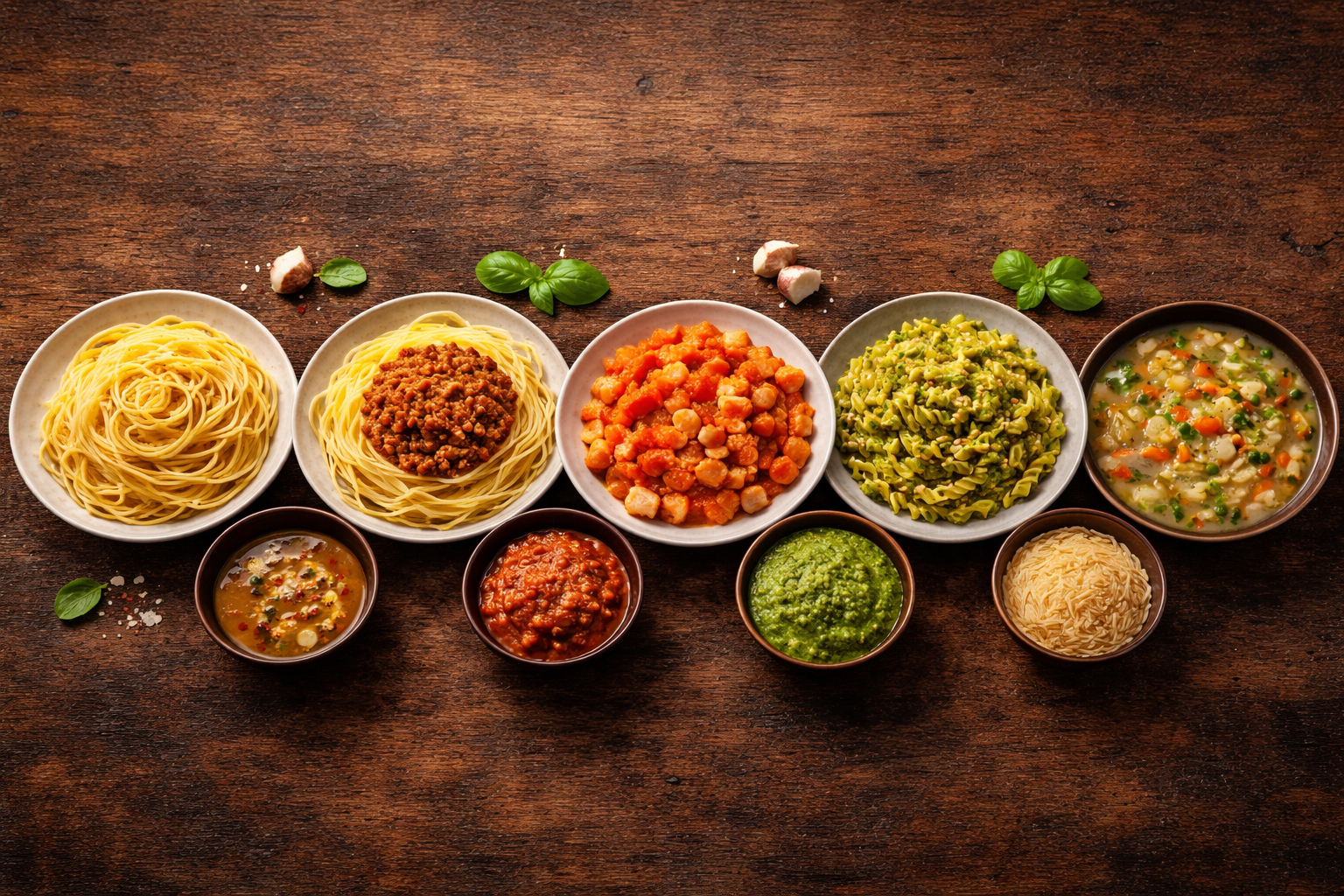 Різні види пасти з соусами: спагеті, тальятеле, рігатоні, фузіллі та орзо на дерев’яному фоні