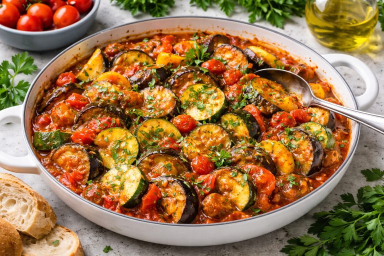 Рататуй по-італійськи з баклажанів, кабачків та томатів у томатному соусі з зеленню