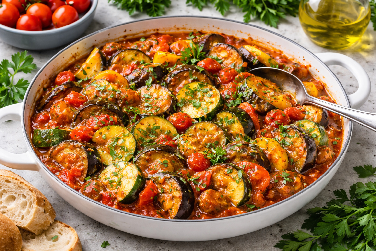 Рататуй по-італійськи з баклажанів, кабачків та томатів у томатному соусі з зеленню