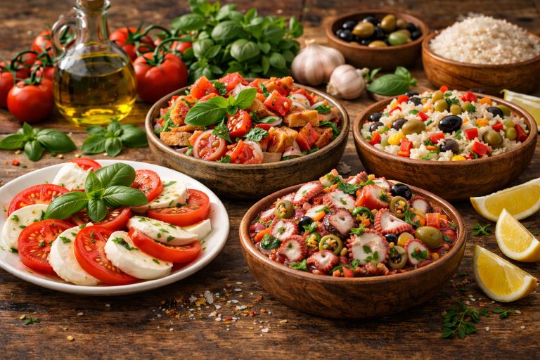 регіональні салати Італії — caprese, panzanella, салат з рисом та салат з восьминогом на дерев’яному столі