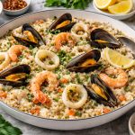 різотто з морепродуктами з креветками, мідіями та кальмарами у кремовому соусі