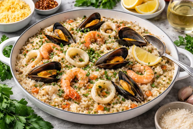 різотто з морепродуктами з креветками, мідіями та кальмарами у кремовому соусі