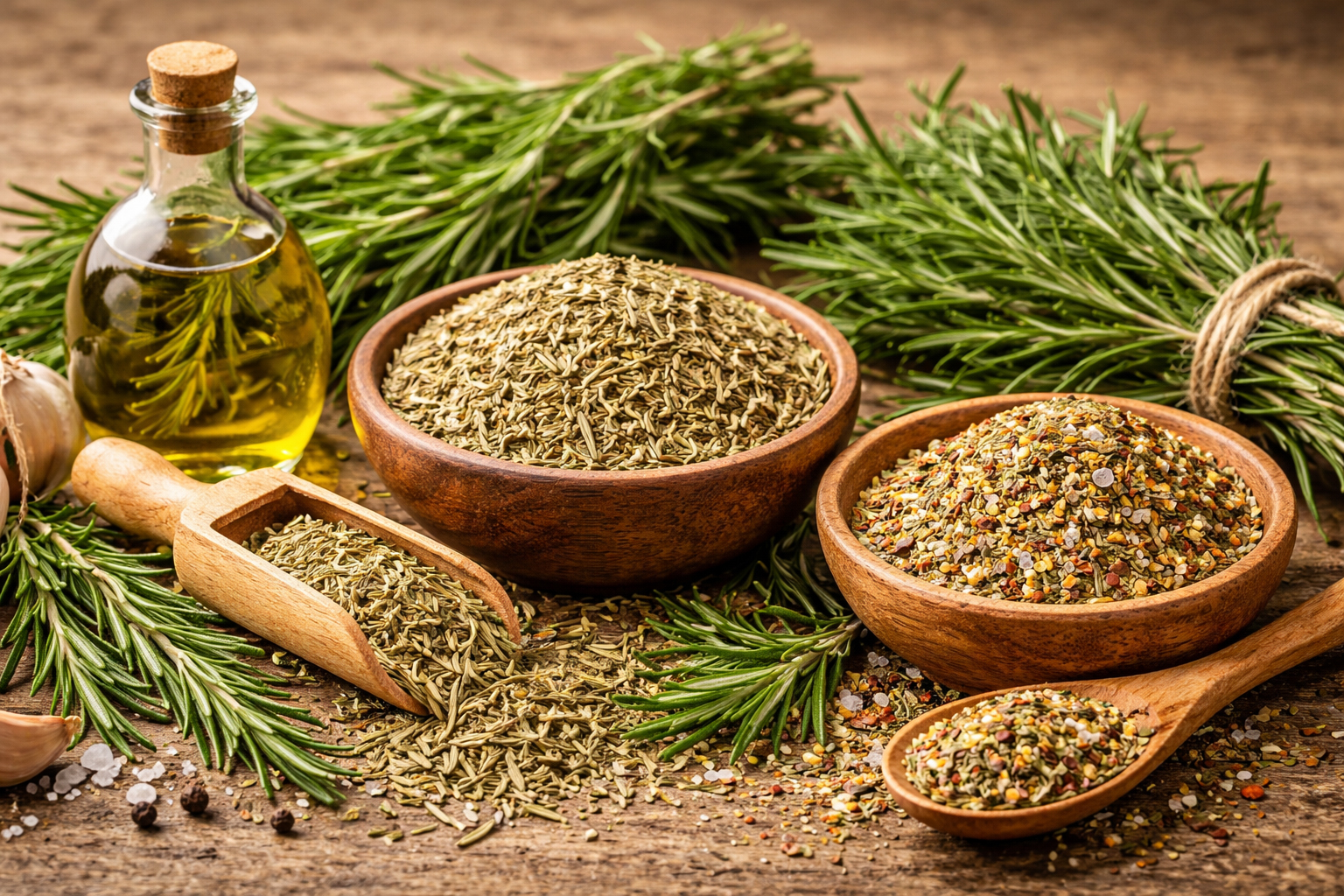 Свіжий і сушений розмарин, суміш спецій з розмарином та ароматизована оливкова олія на дерев’яній поверхні