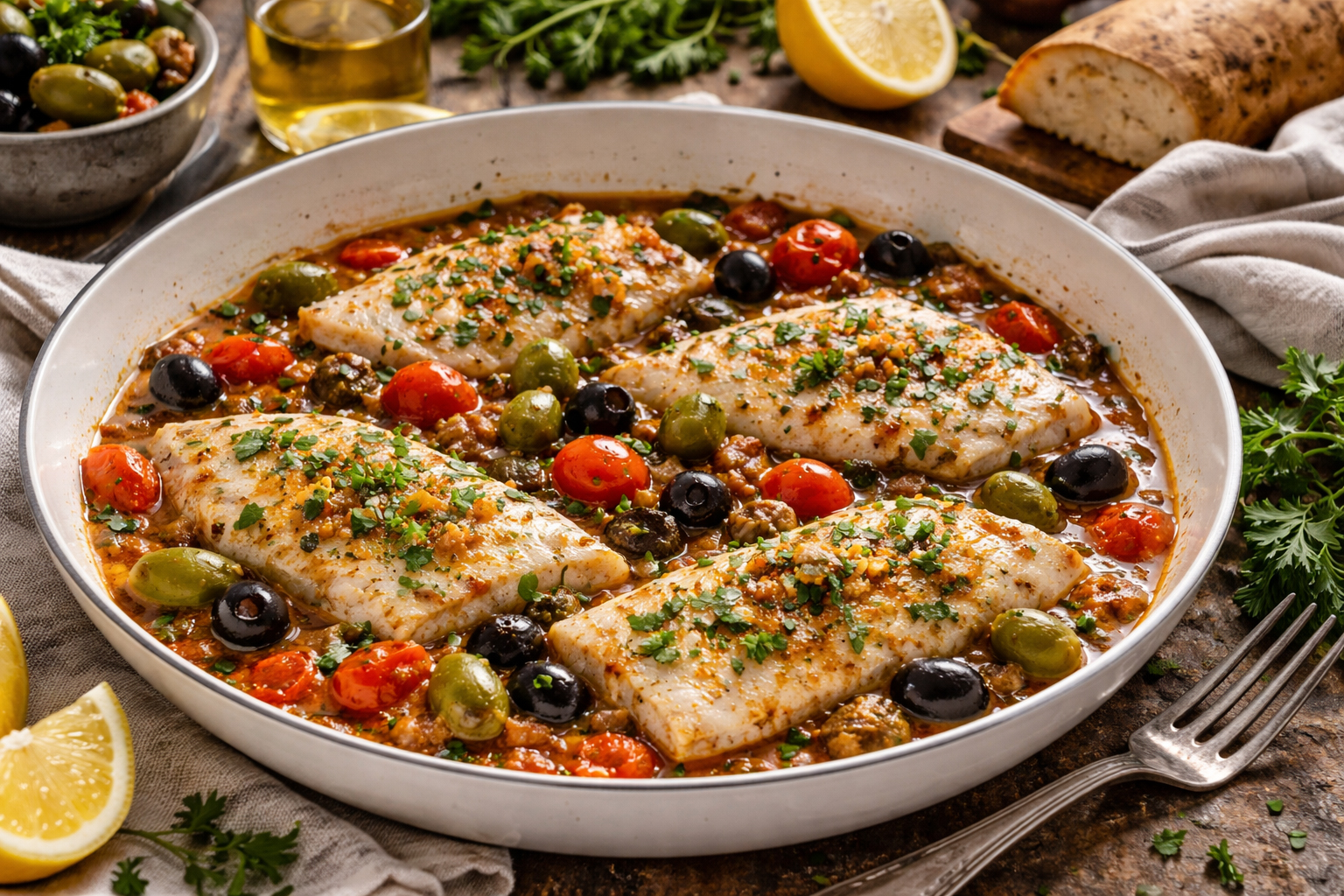 Риба по-лігурійськи у томатному соусі з оливками, каперсами та зеленню на сковороді