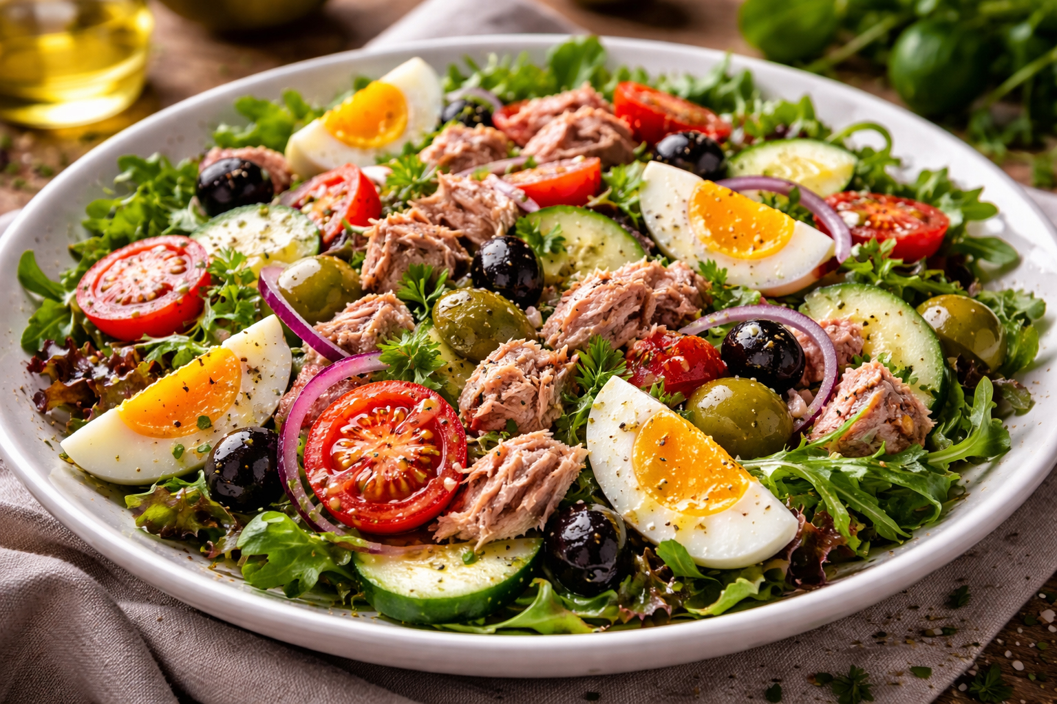 Салат з тунцем, яйцем, овочами та оливками з заправкою з оливкової олії