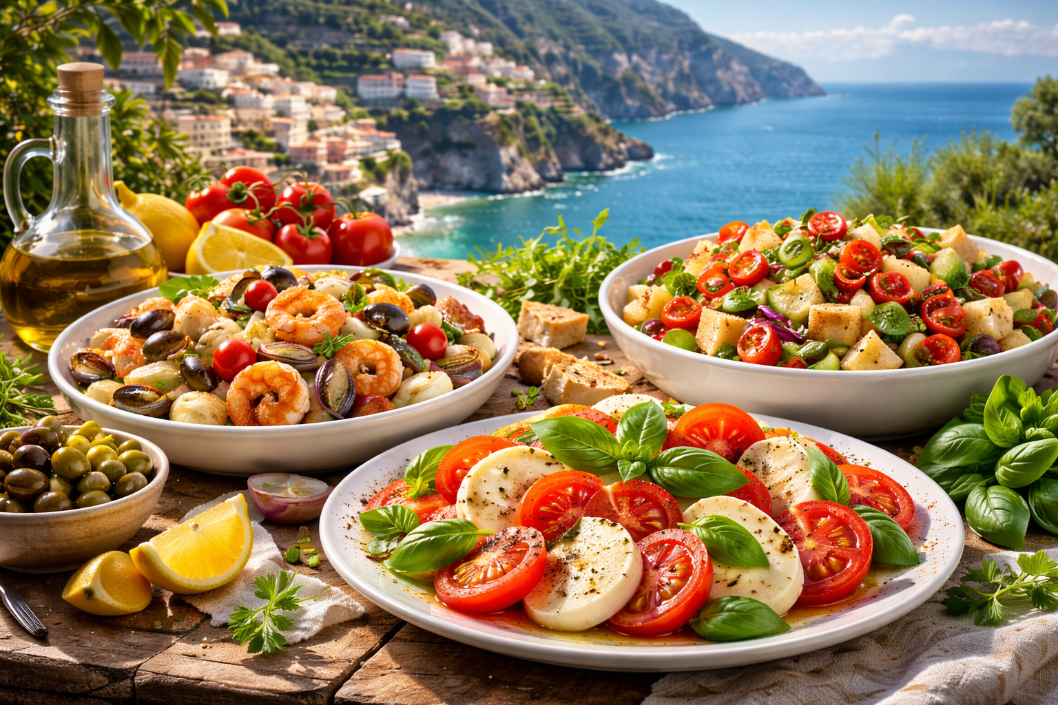 Салати Південної Італії на терасі з видом на середземноморське узбережжя — Caprese, Panzanella та салат з морепродуктами