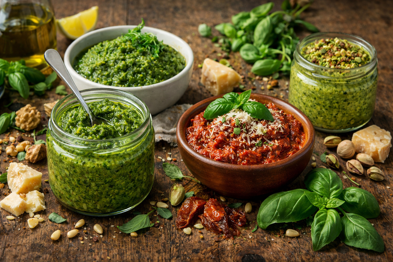 Соус песто: класичний, з в’яленими томатами, руколою та фісташками