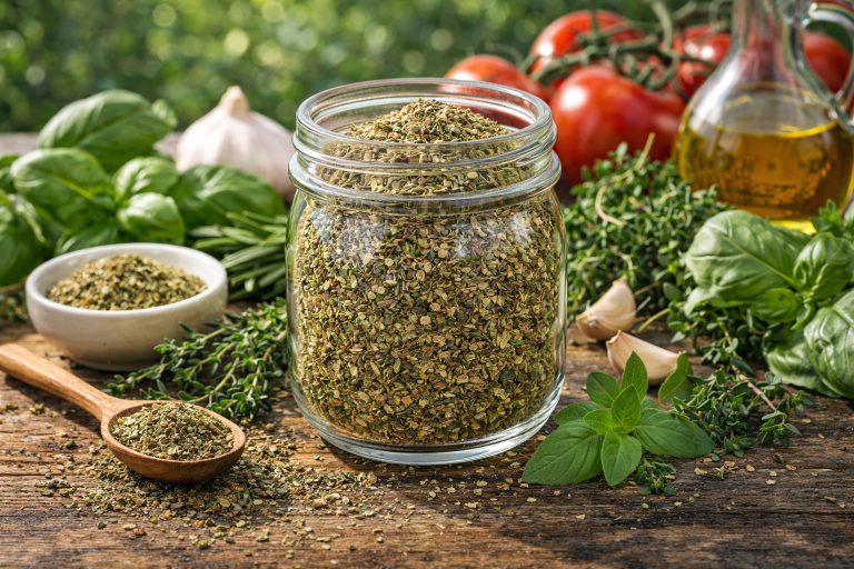 Суміш італійських трав у скляній банці з базиліком, орегано та розмарином на дерев’яному столі