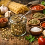 Суміш спецій для пасти в банці з італійськими травами, оливковою олією, пастою та томатами на дерев’яному столі