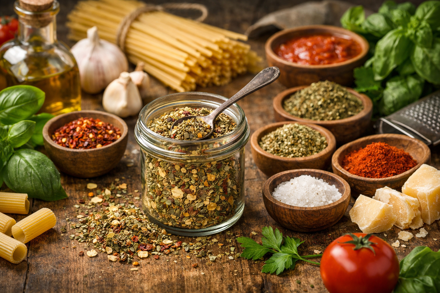 Суміш спецій для пасти в банці з італійськими травами, оливковою олією, пастою та томатами на дерев’яному столі