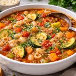 суп мінестроне з овочами, квасолею та пастою у томатному бульйоні