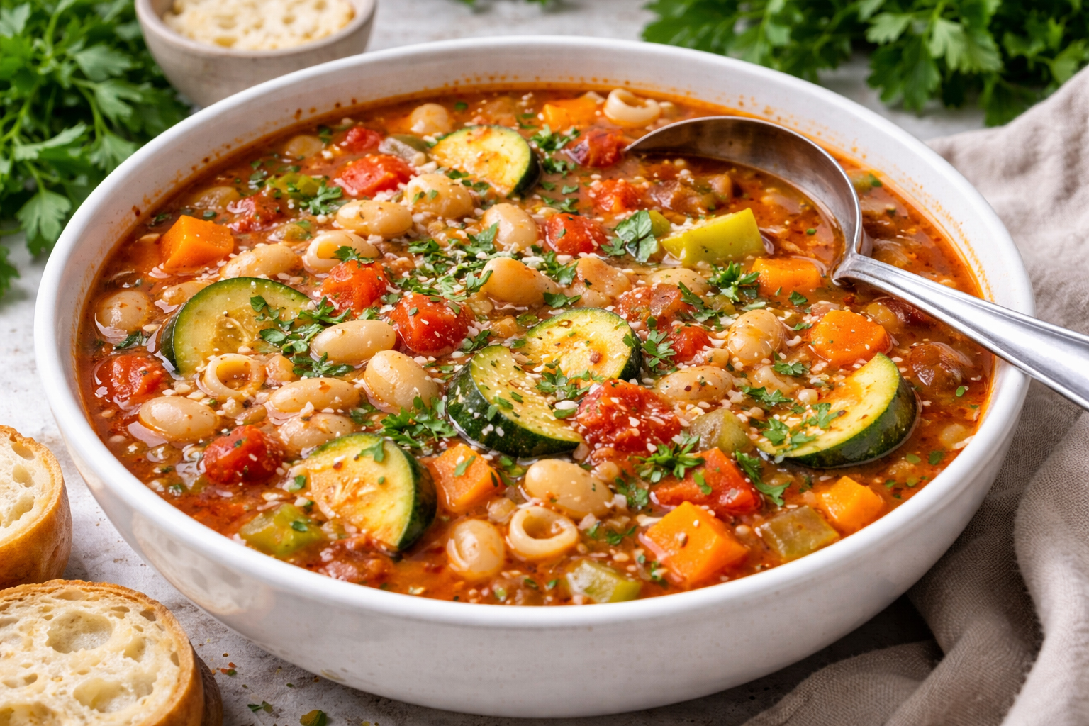 суп мінестроне з овочами, квасолею та пастою у томатному бульйоні