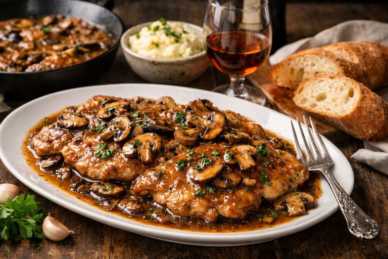 Телятина Марсала з грибами у винному соусі марсала на тарілці, подана з пюре та хлібом