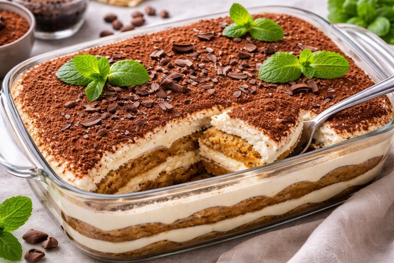 тірамісу з маскарпоне, савоярді та какао у скляній формі