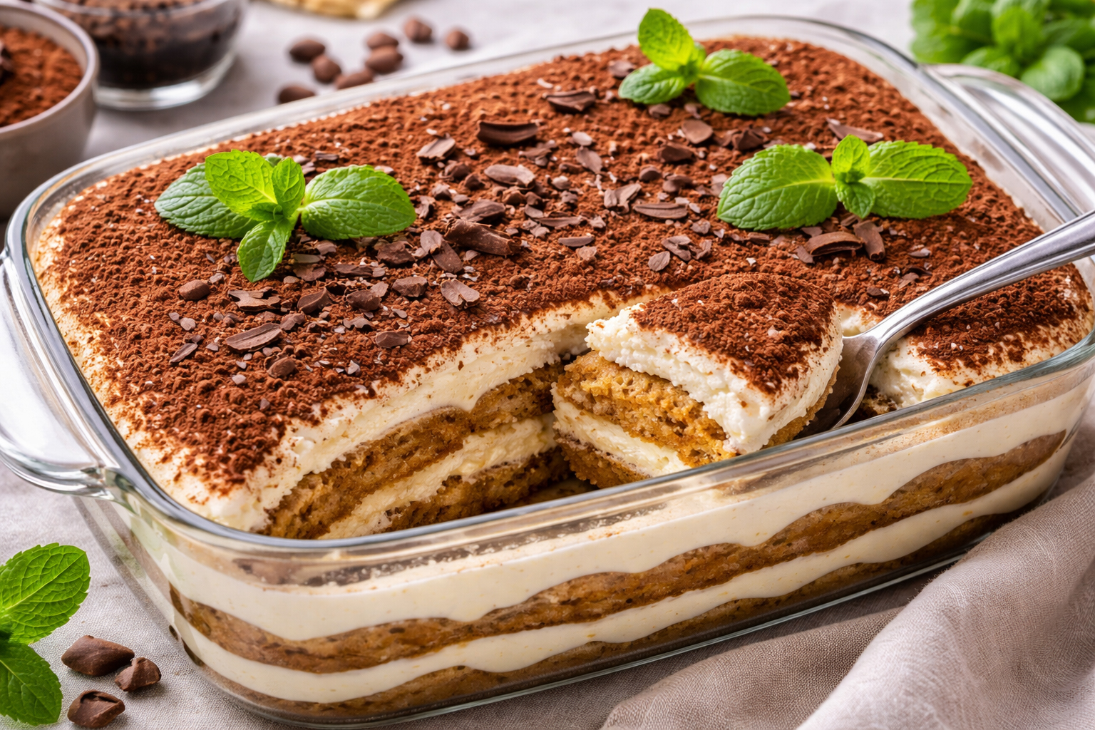 тірамісу з маскарпоне, савоярді та какао у скляній формі