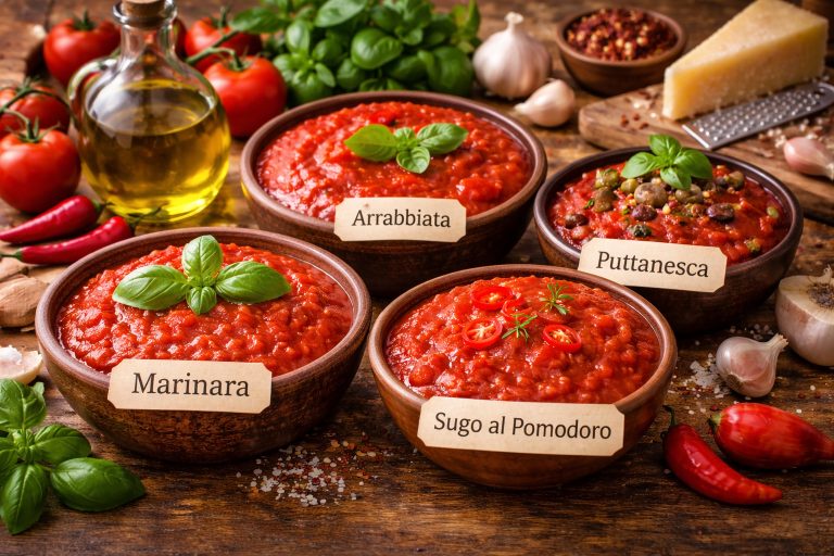 томатні соуси італійської кухні — marinara, arrabbiata, puttanesca та sugo al pomodoro на дерев’яному столі з томатами та базиліком