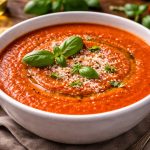 Томатний суп з базиліком, оливковою олією та тертим пармезаном у білій тарілці