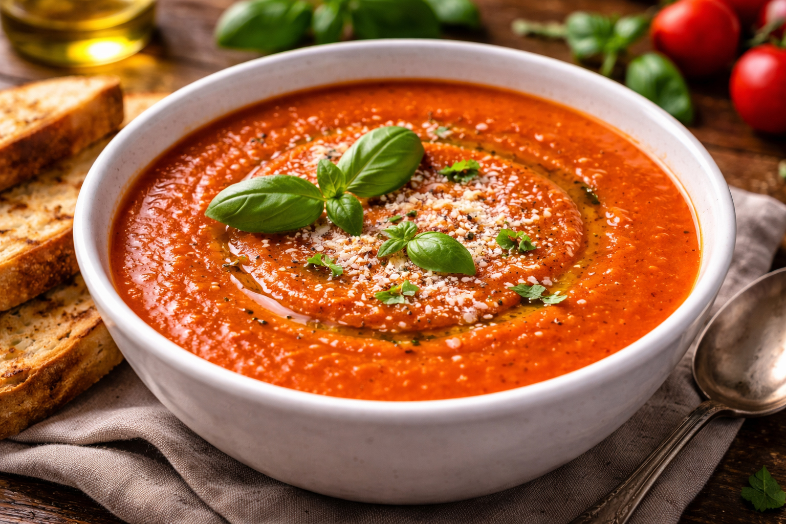 Томатний суп з базиліком, оливковою олією та тертим пармезаном у білій тарілці