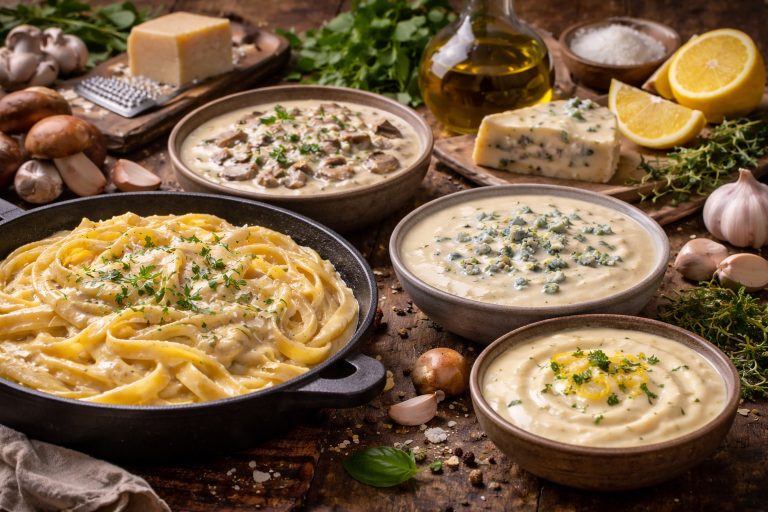 Вершкові соуси італійської кухні з пастою та інгредієнтами — Alfredo, грибний і сирний соуси на дерев’яному столі