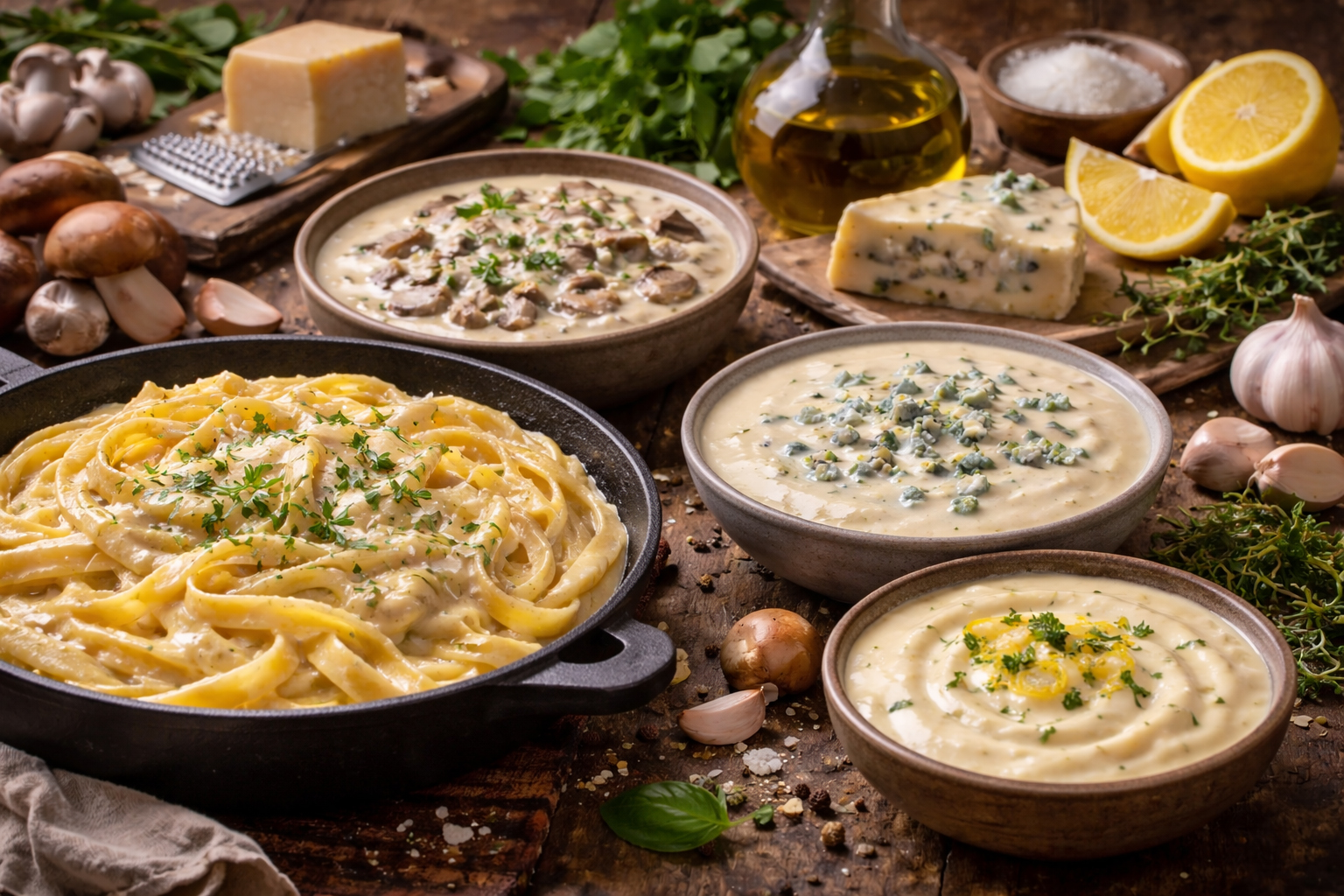 Вершкові соуси італійської кухні з пастою та інгредієнтами — Alfredo, грибний і сирний соуси на дерев’яному столі