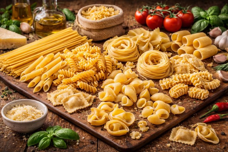 різні види італійської пасти на дерев’яному столі — spaghetti, penne, fusilli, farfalle, ravioli та tagliatelle з томатами, базиліком і оливковою олією