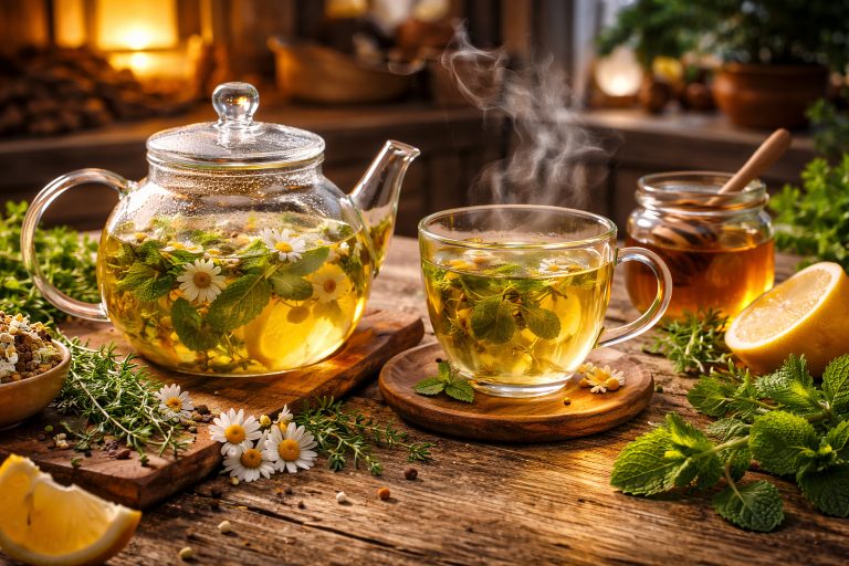 Тізана з трав у скляному чайнику та чашці на дерев’яному столі з лимоном, ромашкою та м’ятою — атмосферна сцена італійської кухні ввечері.