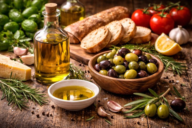 оливкова олія extra virgin на дерев’яному столі з оливками, хлібом, розмарином і сиром — інгредієнти середземноморської кухні