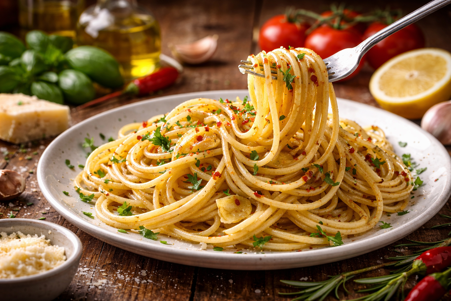 ідеальна паста al dente зі спагеті на тарілці з оливковою олією, часником і спеціями на дерев’яному столі