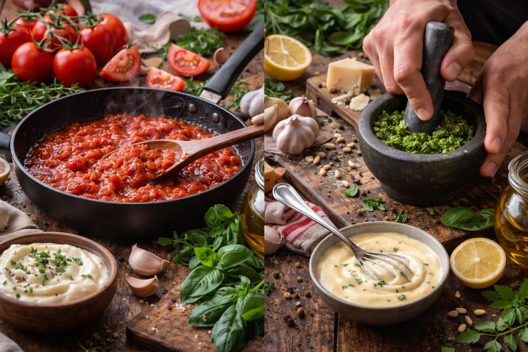 Процес приготування соусів із свіжих інгредієнтів — томатний соус на сковороді та песто у ступці з базиліком, часником і оливковою олією