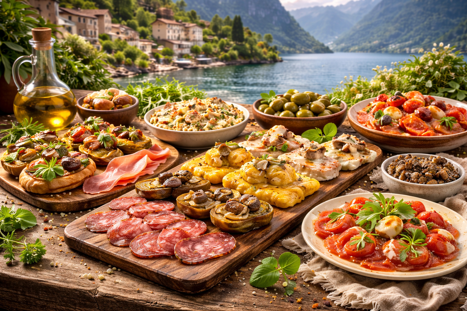 Закуски Північної Італії на дерев’яному столі з видом на альпійське озеро — антипасті з сирів, м’яса, поленти та овочів