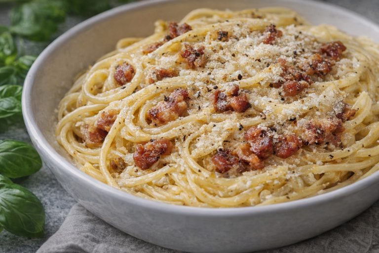 спагетті карбонара з гуанчале, сиром та чорним перцем у тарілці