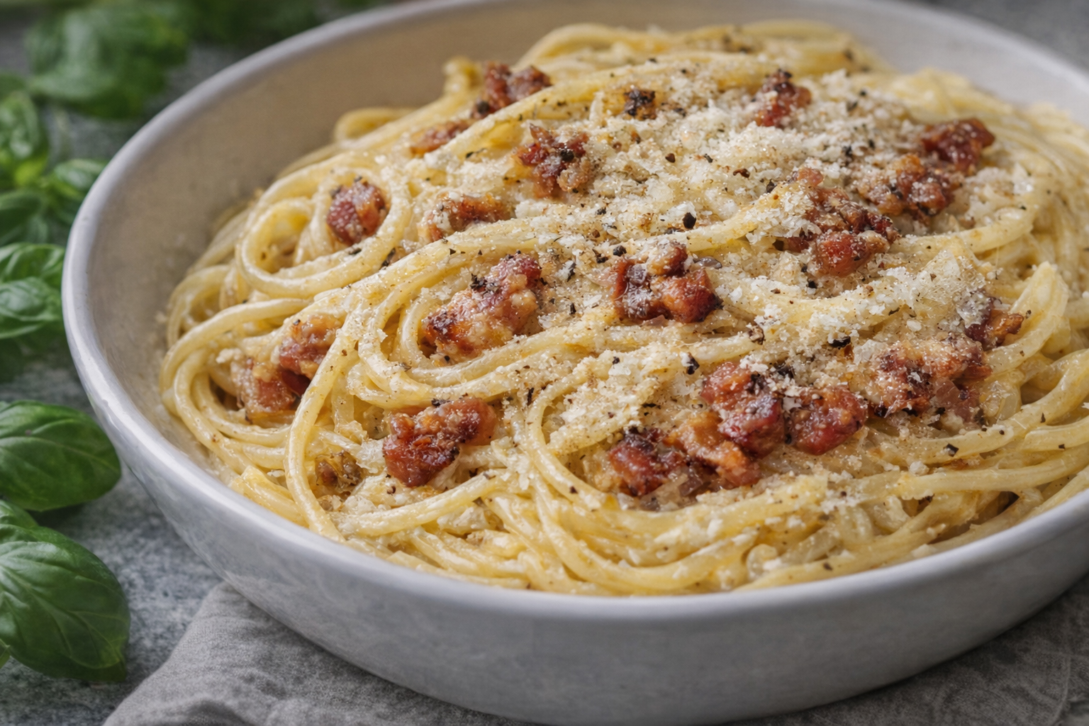 спагетті карбонара з гуанчале, сиром та чорним перцем у тарілці