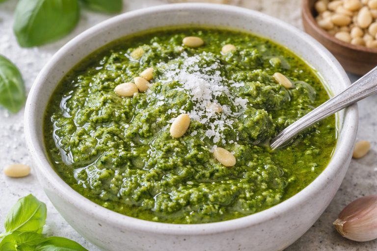 Соус песто дженовезе з базиліку, пармезану та оливкової олії у мисці
