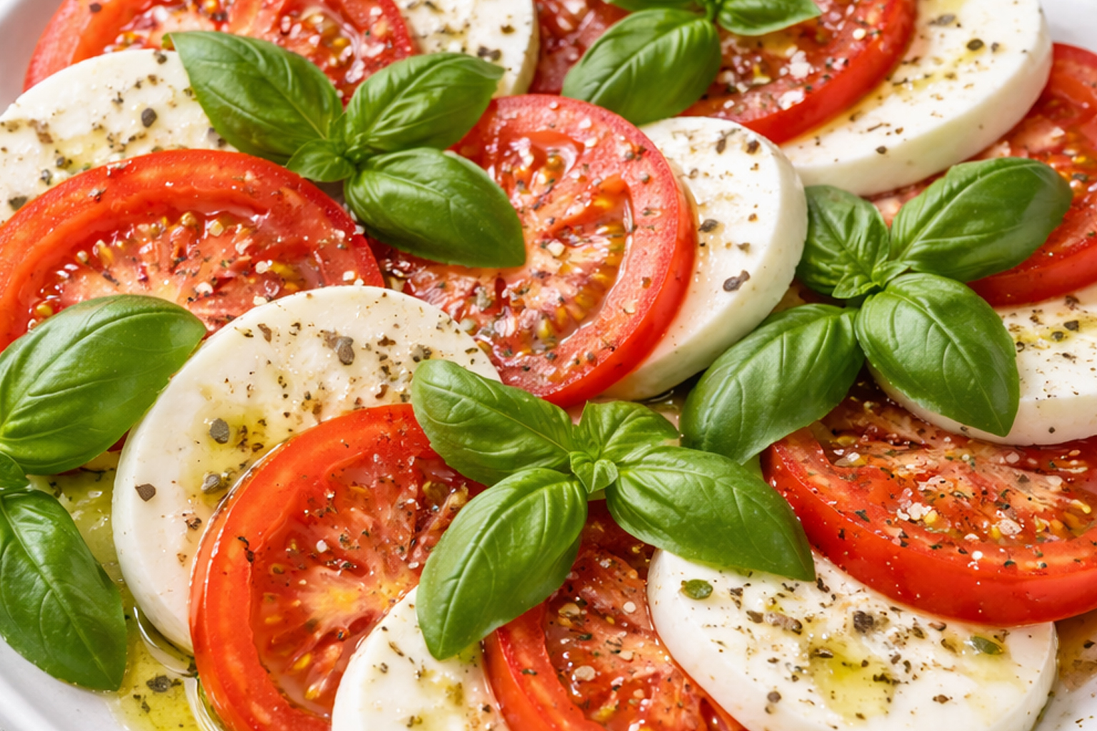 салат капрезе з томатами, моцарелою та базиліком на тарілці