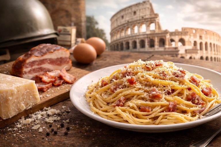 Історія карбонара — класична паста карбонара з гуанчале, яйцями та сиром пекоріно на фоні Риму