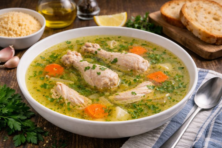 Курячий бульйон Brodo di Pollo з прозорим бульйоном, шматочками курки та свіжою петрушкою
