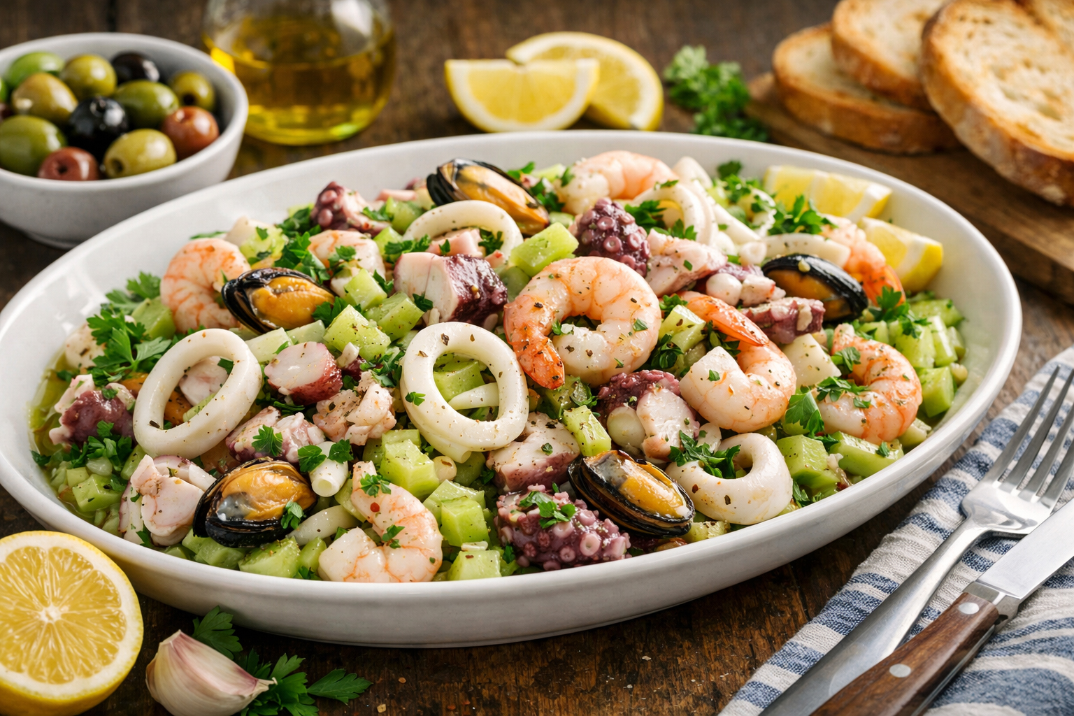 Салат з морепродуктами Insalata di mare з креветками, кальмарами, восьминогом, мідіями, селерою та петрушкою