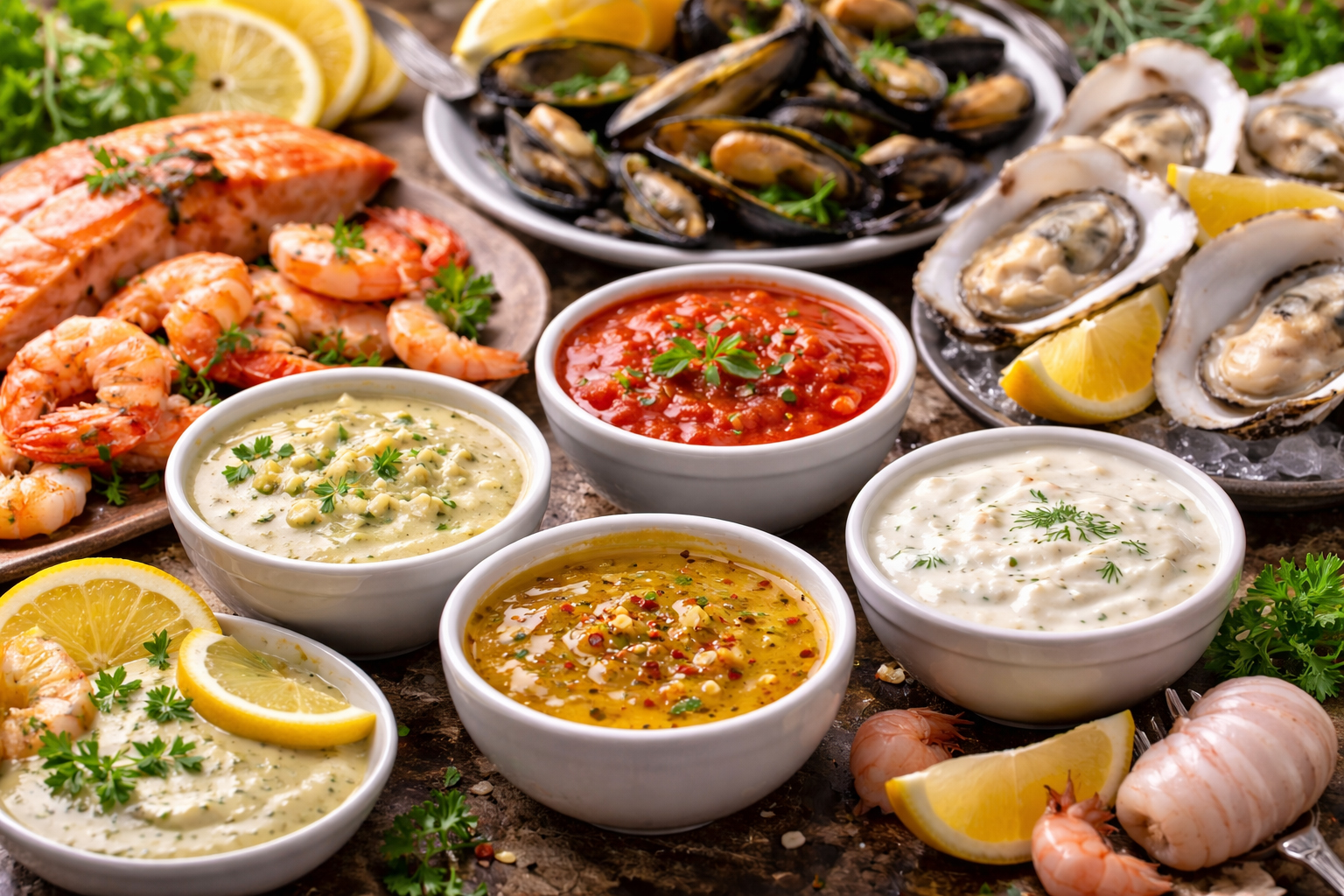 Соуси для морепродуктів — різні соуси до креветок, риби, мідій та устриць на столі
